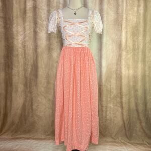 Vintage Renaissance Dress Floral Lace Up Square Neck Handmade 70s Peasant Fairy